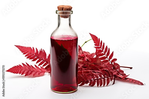 Glass bottle containing sumac white background photo