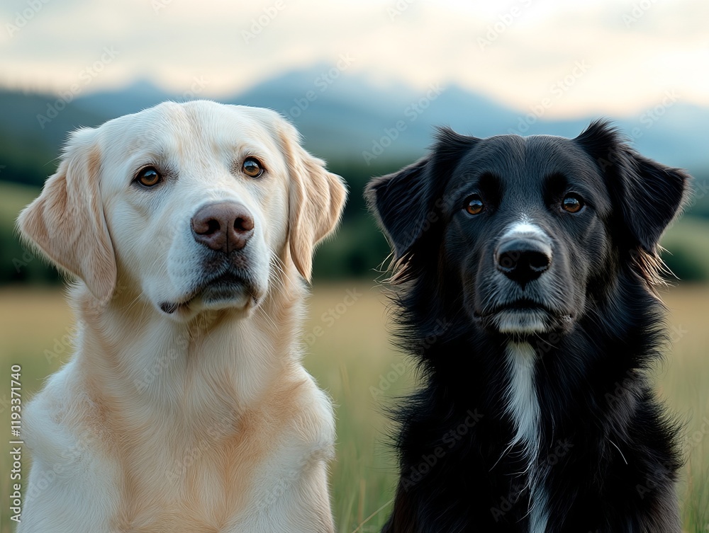 A couple of dogs sitting next to each other in a field A couple of dogs sitting next to each other in a field