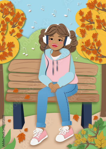 Vector illustration in paper cut style of a happy girl listening to music sitting on a bench in an autumn park. Pastel colors, peaceful atmosphere.