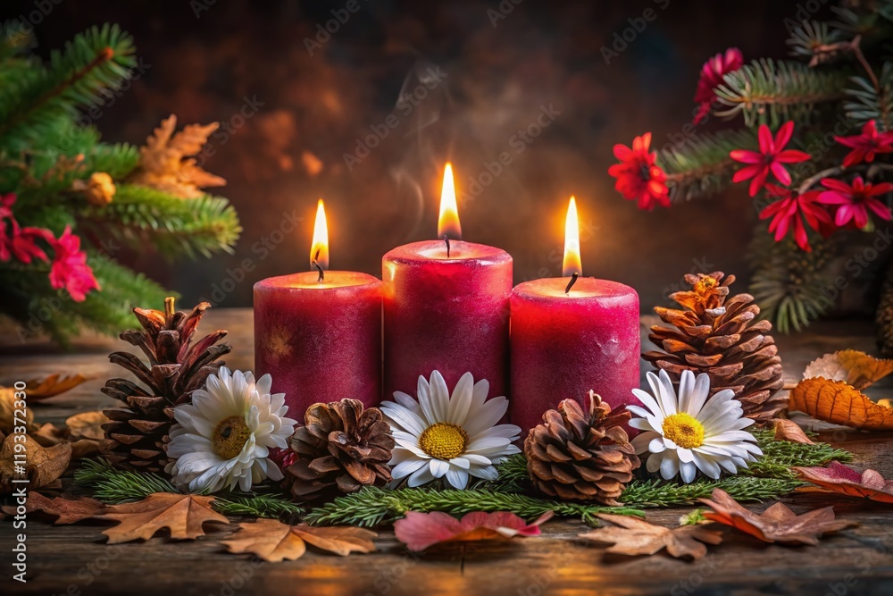 Crimson & Pink Candles Long Exposure with Cones, Leaves & Daisies