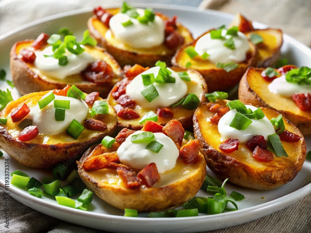 Crispy Potato Skins Loaded with Cheese, Bacon & Green Onions - Gourmet Appetizer Crispy Potato Skins Loaded with Cheese, Bacon & Green Onions - Gourmet Appetizer