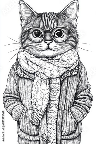 A feline character sports trendy glasses and a knitted scarf while standing confidently in a cozy sweater. Its playful expression conveys style and personality photo