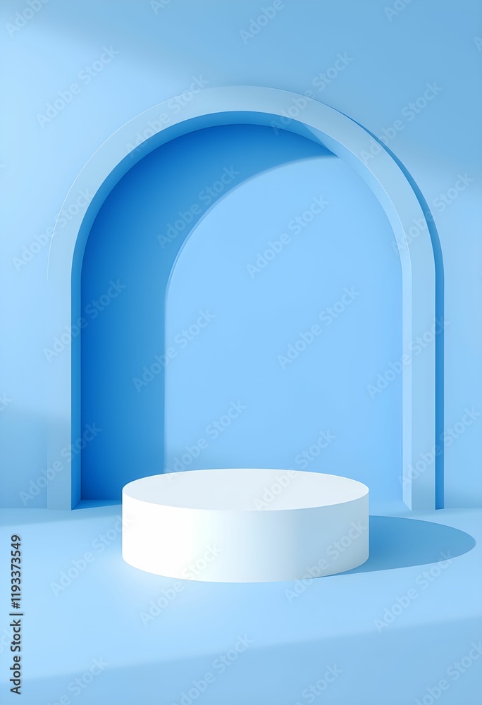 minimalist product display, white circular pedestal, light blue archway backdrop, soft gradient lighting, geometric composition, clean aesthetic, 3D rendering minimalist product display, white circular pedestal, light blue archway backdrop, soft gradient lighting, geometric composition, clean aesthetic, 3D rendering