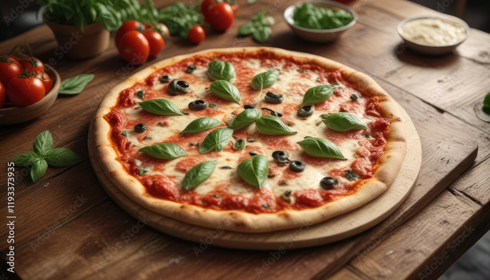 A whole Pizza Margherita on a rustic wooden table with a warm and inviting atmosphere , home decor, vintage table A whole Pizza Margherita on a rustic wooden table with a warm and inviting atmosphere , home decor, vintage table