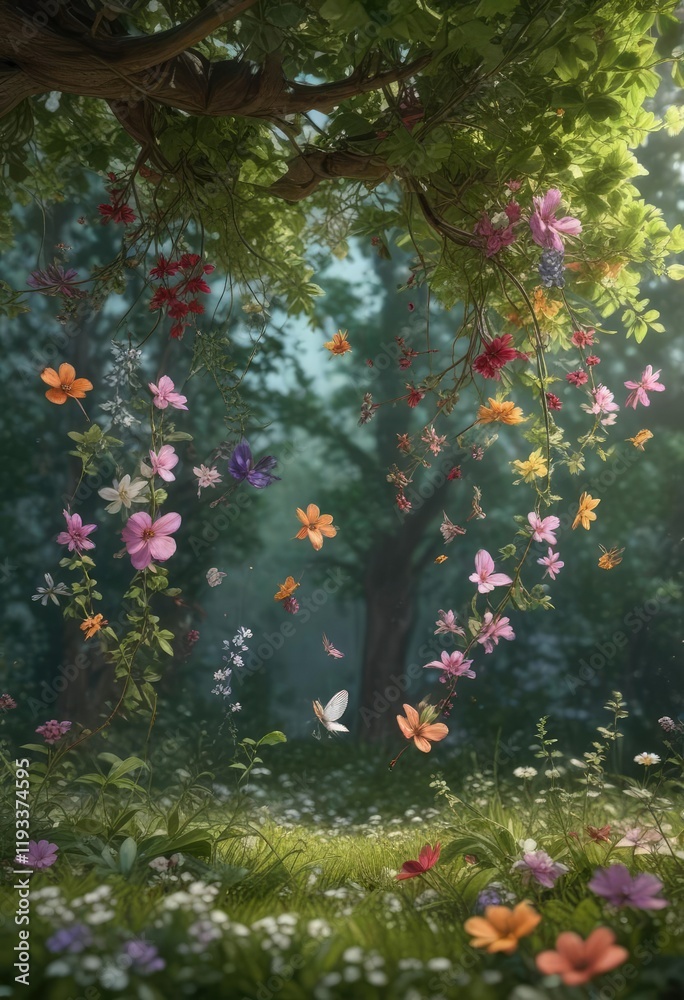 Obraz premium A whimsical assortment of flowers in mid-air, floating amidst leaves and branches, flowers, forest floor, nature-inspired