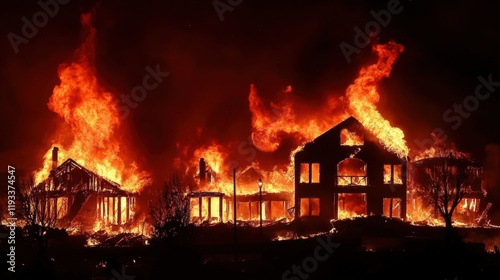 Fiery Inferno Engulfs Homes in Nighttime Blaze, Dramatic Fire Destruction Scene