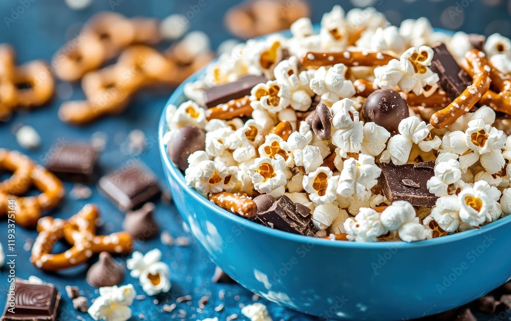 A bowl of popcorn mixed with chocolate candies and pretzels on a bold blue backdrop for a Super Bowl snack idea A bowl of popcorn mixed with chocolate candies and pretzels on a bold blue backdrop for a Super Bowl snack idea