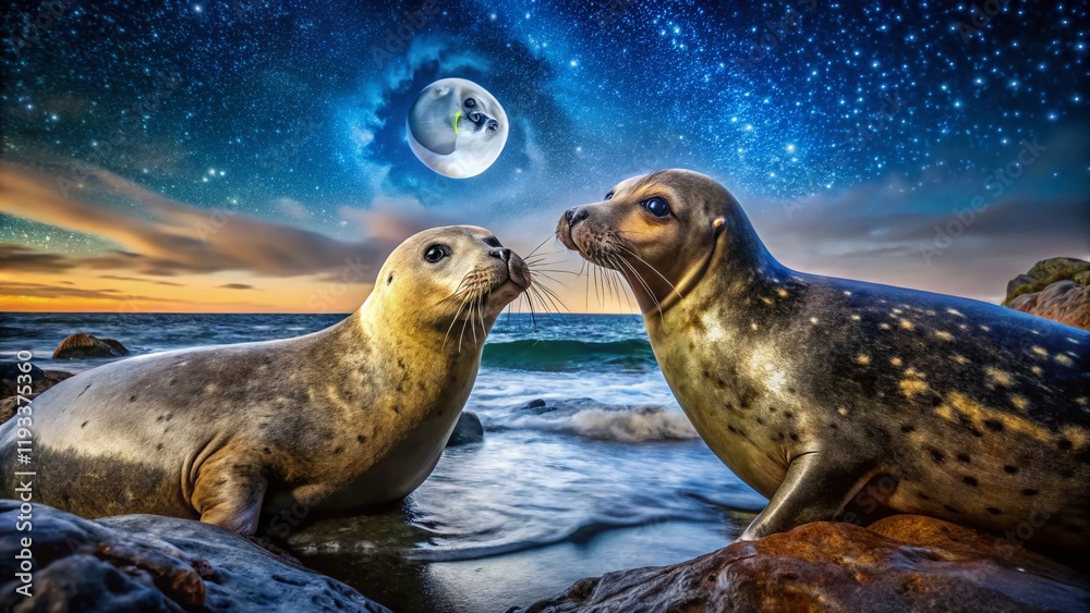 Fototapeta premium Curious Seals at Night: Mystical Marine Mammals Under Starry Sky
