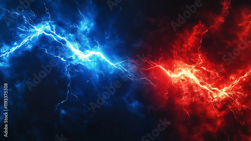 Battle of red and blue lightnings concept backgrpond. The confrontation between red and blue lightning poster. Digital illustration. AI artwork.  photo