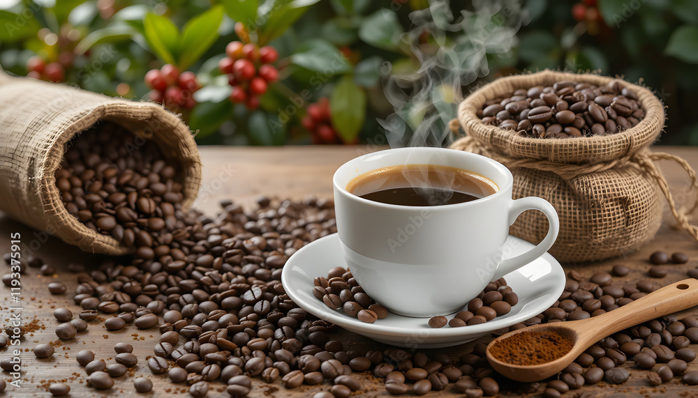 close-up of a cup of coffee on a wooden table, burlap sack of coffee beans and a wooden spoon with ground coffee coffee plants with colorful coffee cherries coffee production process and the freshness close-up of a cup of coffee on a wooden table, burlap sack of coffee beans and a wooden spoon with ground coffee coffee plants with colorful coffee cherries coffee production process and the freshness