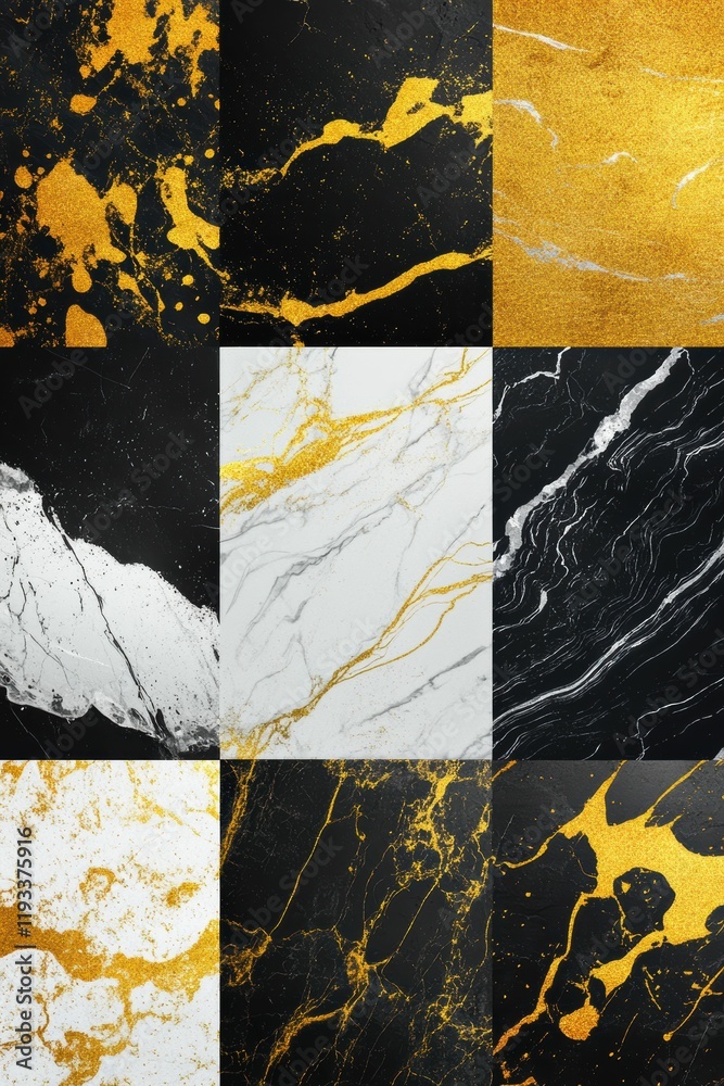 Fototapeta premium luxurious combination of gold accents and marble like textures in silver, black, and white creates an elegant, dynamic design with high visual appeal.