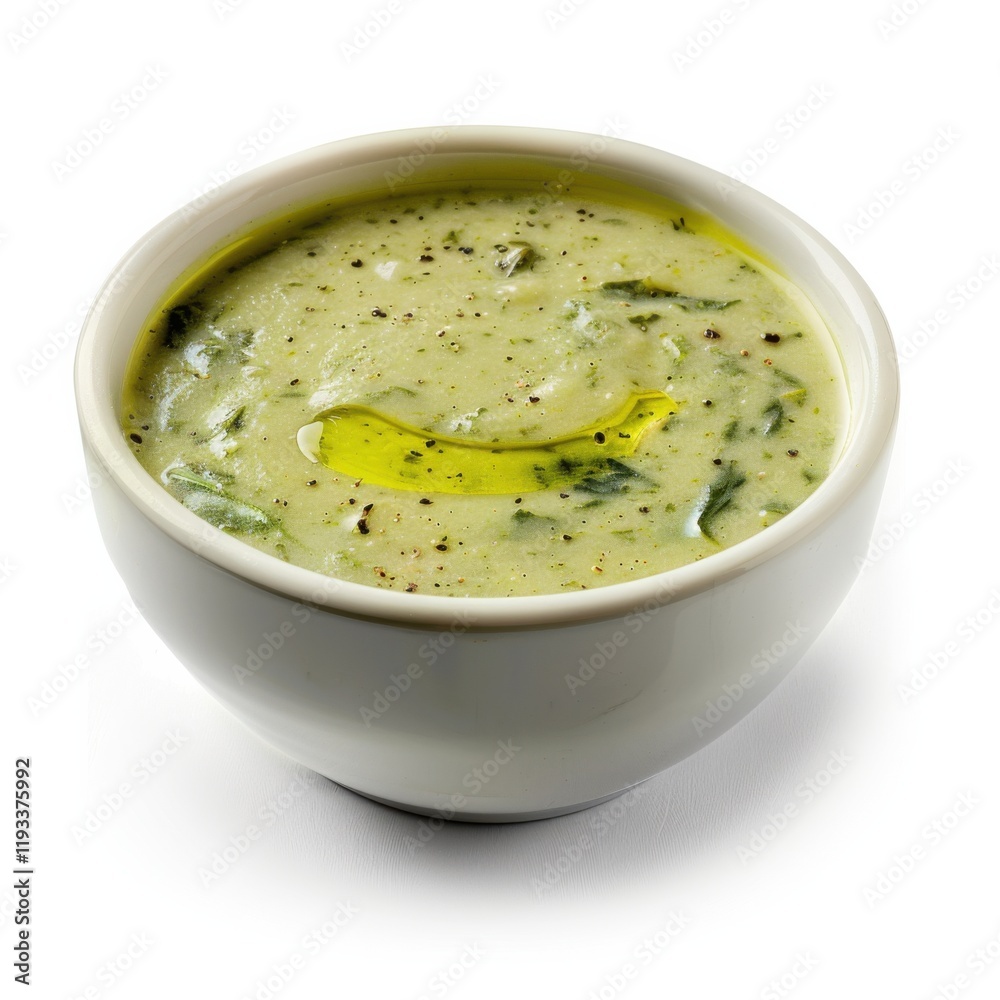 A bowl of creamy spinach and artichoke soup with a drizzle of olive oil, isolated white background, contemporary art style A bowl of creamy spinach and artichoke soup with a drizzle of olive oil, isolated white background, contemporary art style