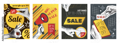 Sale cover typography template in vintage collage design for social media. Trendy greeting cards with hands pointing discount prices, last chance special offer and hurry to buy. Vector illustration.