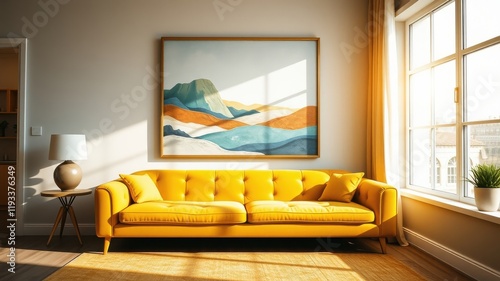 Modern living room interior design with yellow sofa and abstract landscape artwork