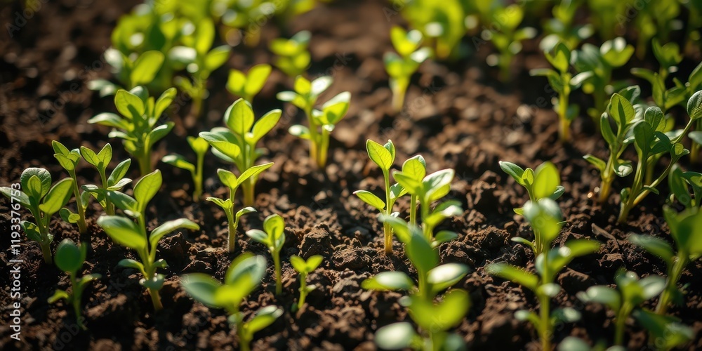 Vibrant young seedlings emerging from rich soil, showcasing the promise of abundant growth and a thriving ecosystem Vibrant young seedlings emerging from rich soil, showcasing the promise of abundant growth and a thriving ecosystem
