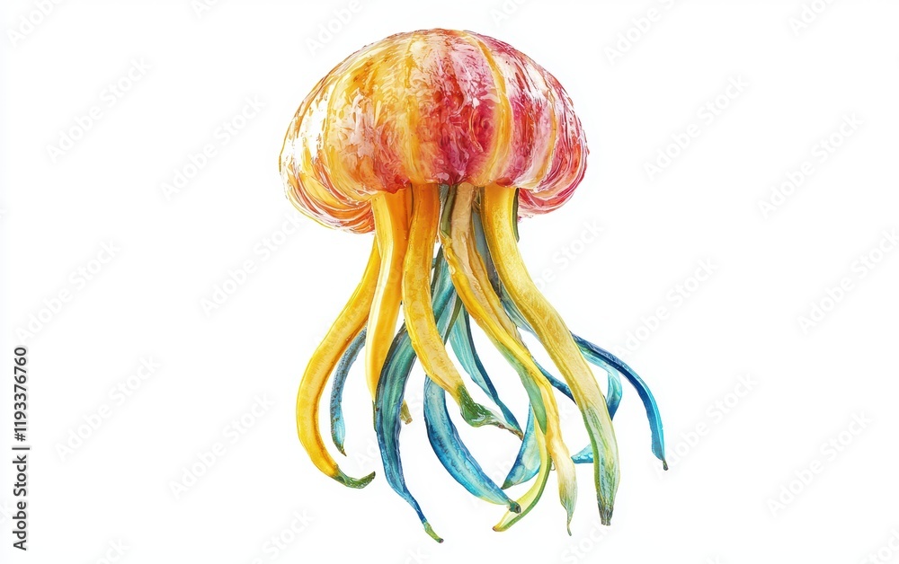 Fototapeta premium A colorful jellyfish using a pineapple ring for the body and banana strips for tentacles, floating on a clean white background