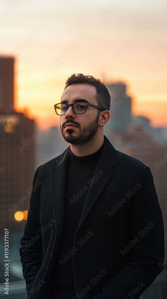 Fototapeta premium Young Man in Black Coat City Sunset Background