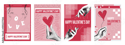 Valentine day cover typography template in vintage collage design for social media. Trendy greeting cards with hands holding love sweetheart message and hearts, romantic balloons. Vector illustration.