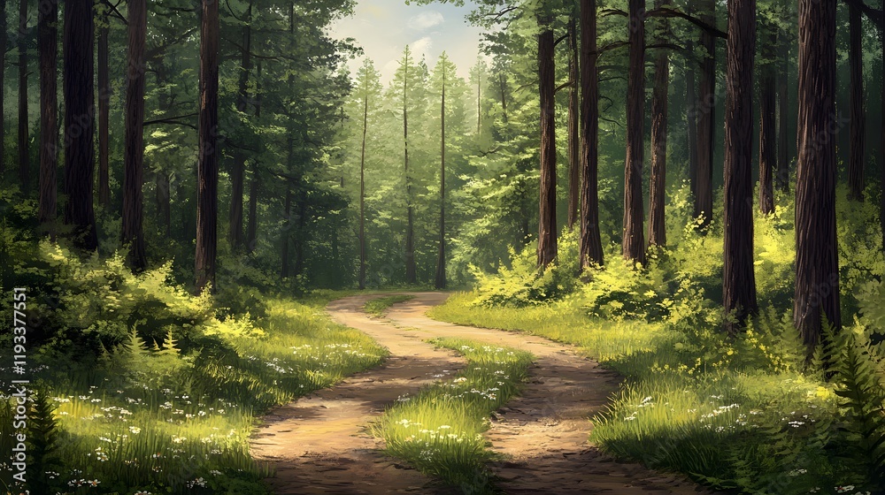 Sunlit Path Winding Through A Lush Green Forest Sunlit Path Winding Through A Lush Green Forest