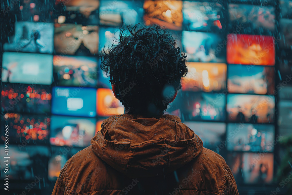Man facing video wall, rain falling. Man facing video wall, rain falling.