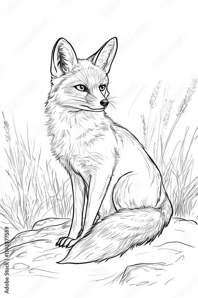 Obraz premium A fox sits confidently on a rock with its tail curled around its paws, surrounded by tall grass, showcasing its expressive features and alert posture