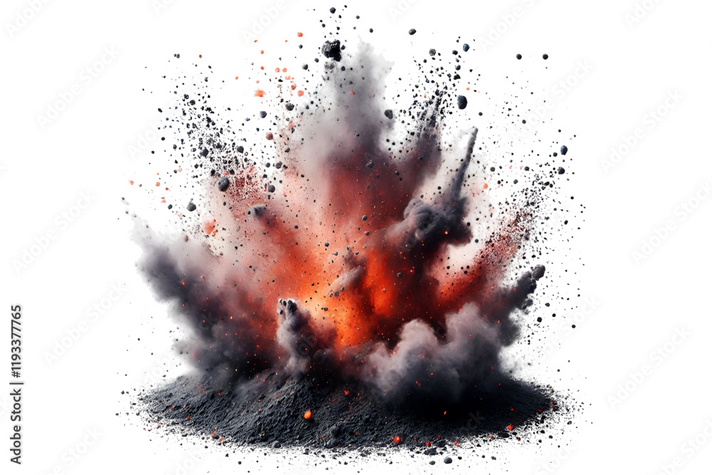 Fire explosion with burning ash powder flying in the air on white background Fire explosion with burning ash powder flying in the air on white background