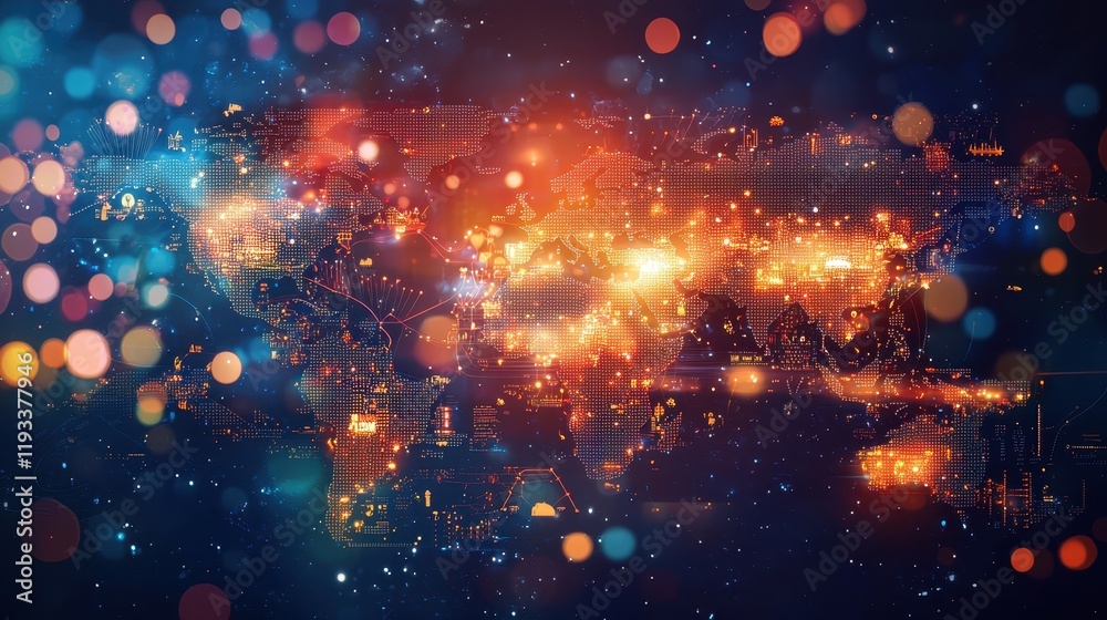Obraz premium Abstract Global Map with Colorful Light Bokeh Effects Representing Technology, Innovation, and Connectivity in a Vibrant Digital World