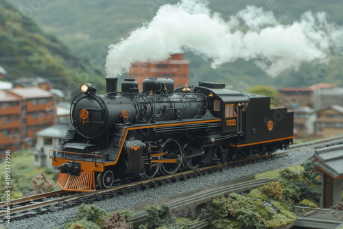 Steam locomotive model train chugs through a miniature mountain village.