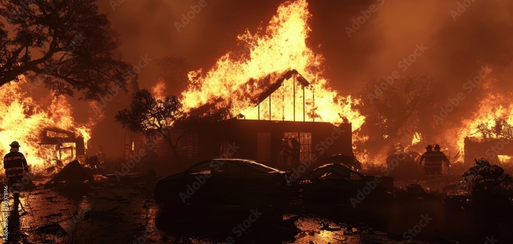 Fiery inferno engulfs suburban homes and cars during a devastating wildfire, firefighters bravely battling the blaze. Fiery inferno engulfs suburban homes and cars during a devastating wildfire, firefighters bravely battling the blaze.