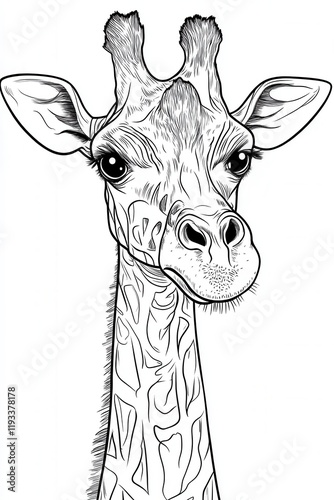 A close-up view of a giraffe emphasizing the facial features and unique patterns of its fur in a detailed line drawing style, highlighting its curious expression photo