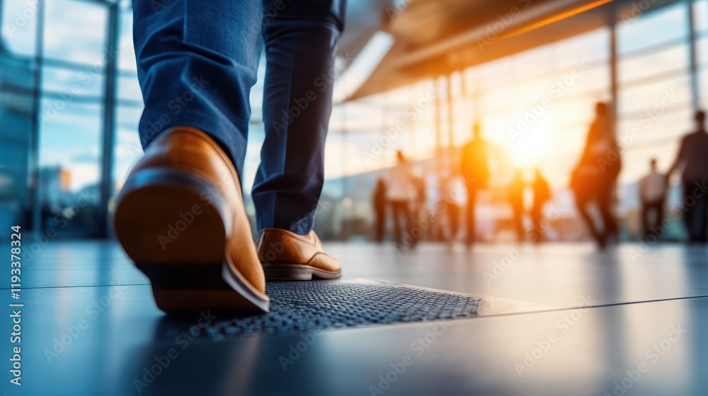 Fototapeta premium A person walks on a mat inside a spacious building, highlighting the architectural design and interior layout of the environment.