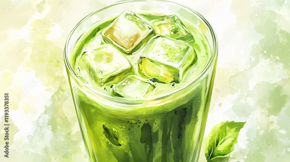 A refreshing glass of iced matcha latte with a beautiful green hue, topped with ice cubes. A refreshing glass of iced matcha latte with a beautiful green hue, topped with ice cubes.