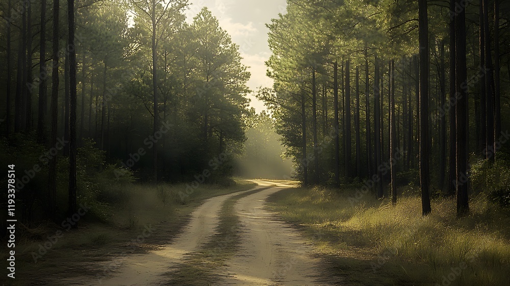 Naklejka premium Serene Forest Path Winding Through Tall Trees
