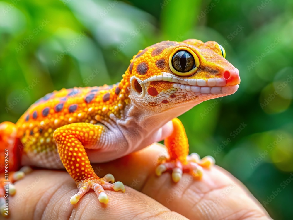 Fototapeta premium Cute Tiny Gecko Lizard with Vibrant Orange and Yellow Spots - Adorable Pet Reptile Sticker Design