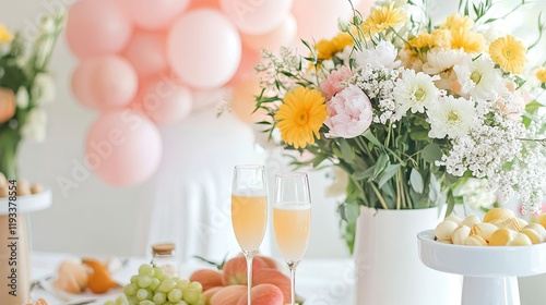A clean bridal shower brunch with pastel decor and a mimosa bar