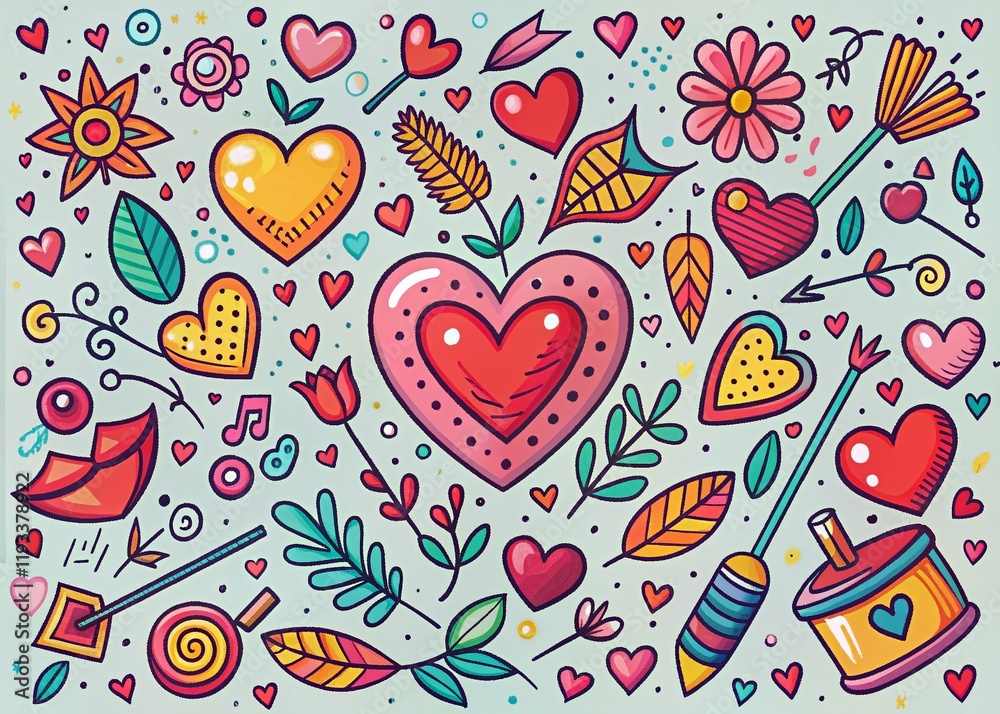 Fototapeta premium Cute Valentine's Day Doodle Hearts & Arrows - Romantic Stock Photo