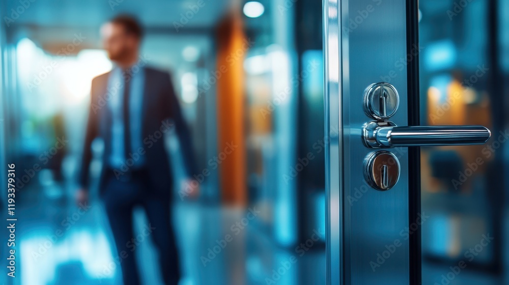 A businessman in a tailored suit confidently strides through a sleek glass door, embodying professionalism and purpose in a modern environment. A businessman in a tailored suit confidently strides through a sleek glass door, embodying professionalism and purpose in a modern environment.