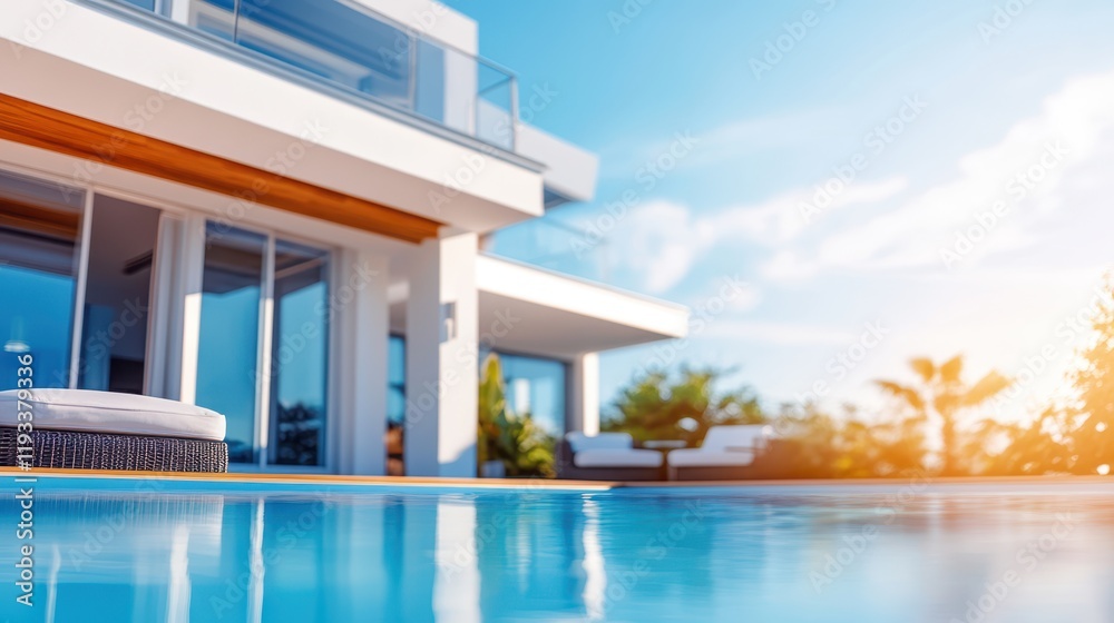 Obraz premium A serene poolside scene featuring a cozy couch and spacious deck, enhancing the outdoor living experience in front of a modern house.