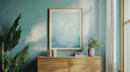 a picture frame hanging on a wall above a dresser