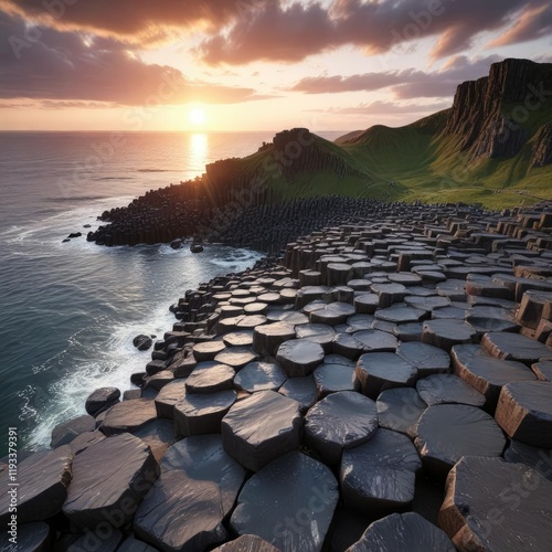 A sweeping vista of Giant's Causeway stretches towards the horizon as the sun dips below the clouds , silvery light, illuminated, outdoor adventure photo