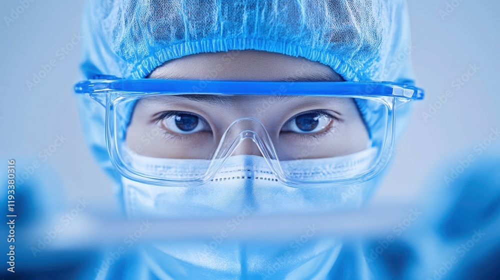 A woman in a protective mask and goggles gazes directly at the camera, highlighting safety and health awareness in a professional context. A woman in a protective mask and goggles gazes directly at the camera, highlighting safety and health awareness in a professional context.