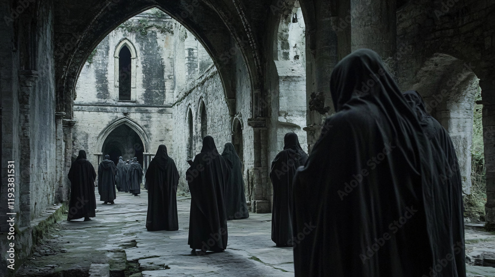 Naklejka premium A ruined abbey where shadowy monks with hollow eyes seem to pray in silence, their presence heavy with sorrow.