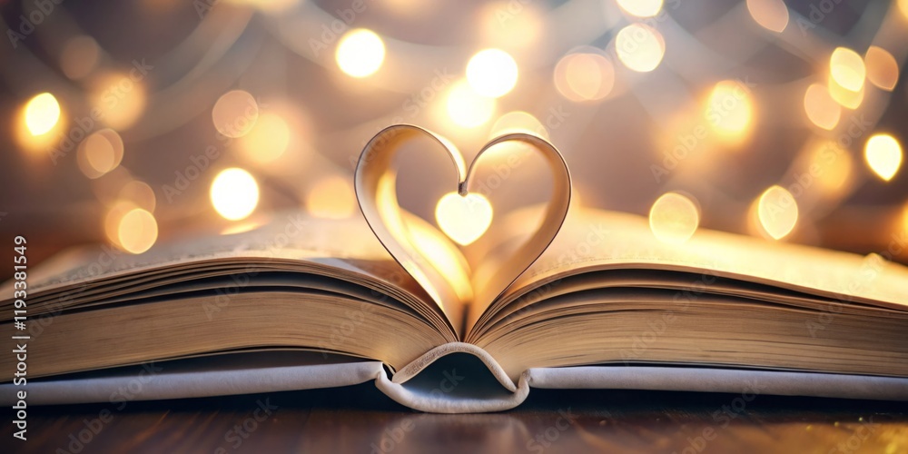 Heart-Shaped Pages on Open Book with Bokeh Lights Heart-Shaped Pages on Open Book with Bokeh Lights
