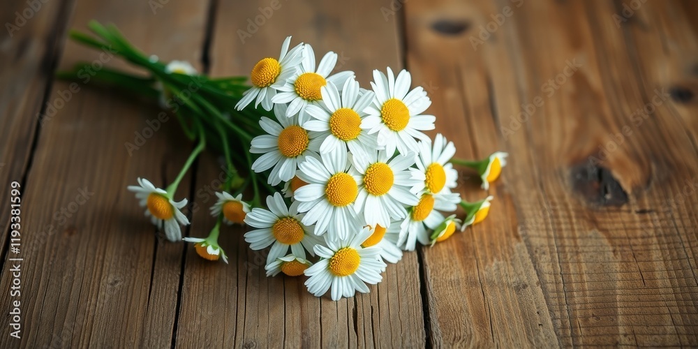 Fototapeta premium A charming bouquet of fresh daisies rests on a rustic wooden surface