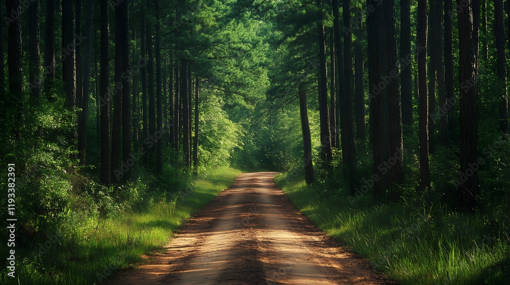 Fototapeta premium Sunlit Path Through Tall Pine Trees Forest
