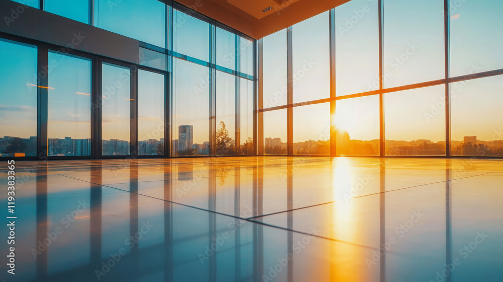 Fototapeta premium serene contemporary office space with large windows showcasing stunning sunset. polished floor reflects warm hues of evening light, creating tranquil atmosphere