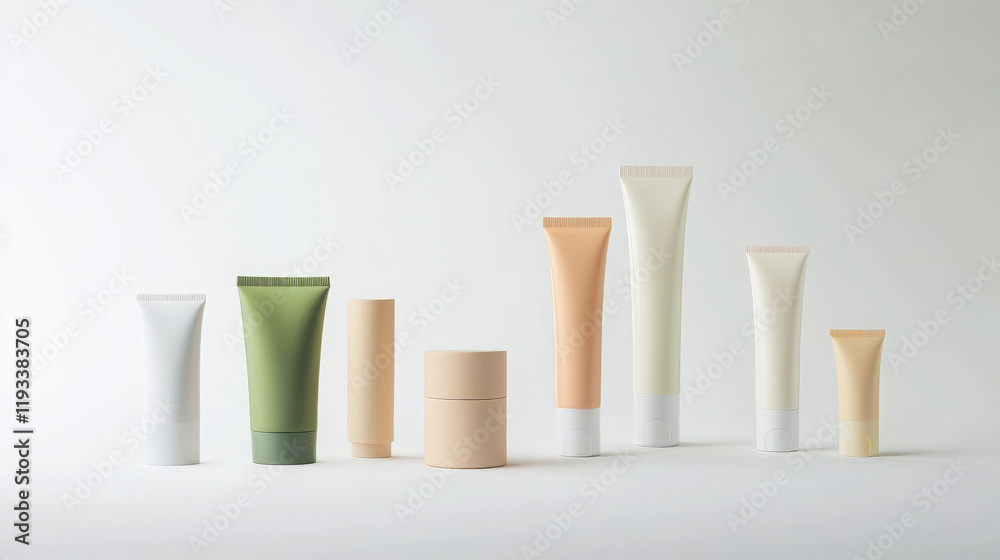 Front view of collection of skincare tubes and jars in various colors and sizes, showcasing minimalist design. Perfect for beauty and wellness themes Front view of collection of skincare tubes and jars in various colors and sizes, showcasing minimalist design. Perfect for beauty and wellness themes