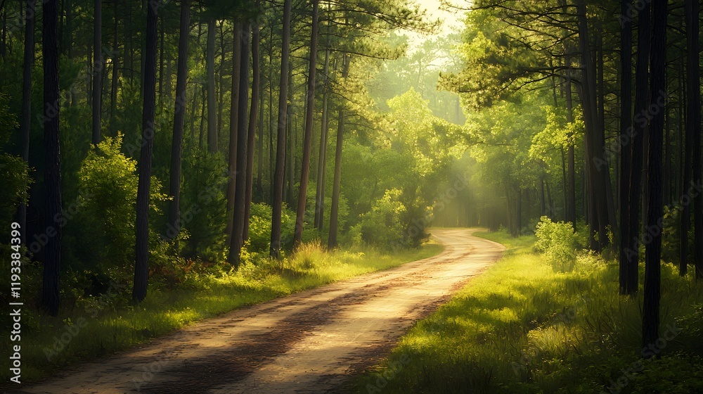 Obraz premium Sunlit Forest Path Winding Through Tall Trees