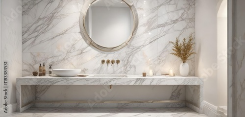An artistic white marble table sits beside a smooth white wall in a luxurious bathroom with high-end fixtures and soft lighting , luxurious feel, white table