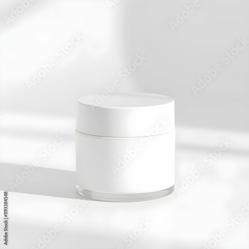 Wallpaper Mural Minimalist white cosmetic jar, Clean product photography, Soft shadows, Bright white background, Cylindrical container, Simple elegance, Skincare packaging, Monochromatic design, Studio lighting Torontodigital.ca